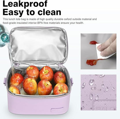 BALORAY Lunch Bag for Women Men, Double Deck Lunch Box for Adults, PU Leather Lunch Tote Bag Insulated Lunch Bags with Strap for Work Office Picnic(Purple with strap)
