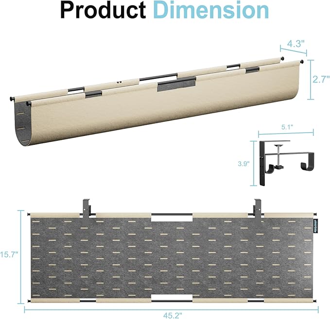 No Drill Under Desk Cable Management Tray, 45.2" Large Felt Cord Organizer with Pegboard-Style Design, Power Strip Holder, Privacy Panel for Standing Desk & Home Office, Clamp/Screw Mount (Khaki/Gray)