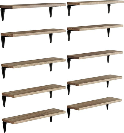Wallniture Arras Wood Floating Shelves for Wall Storage, Small Bookshelf Set of 10, Hanging Book Shelves for Living Room, Bedroom, Office, Burned Finish