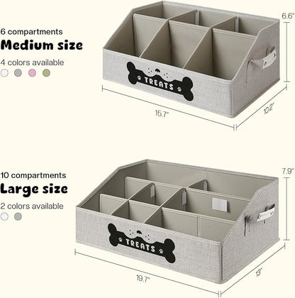 Dog Treat Container, Dogs Storage Organizer with Removable Dividers, Collapsible Dogs Treat Holder for Countertop, Trapezoid Pet Treats Containers, Dog Toy Basket with PU Handles, Large, Gray