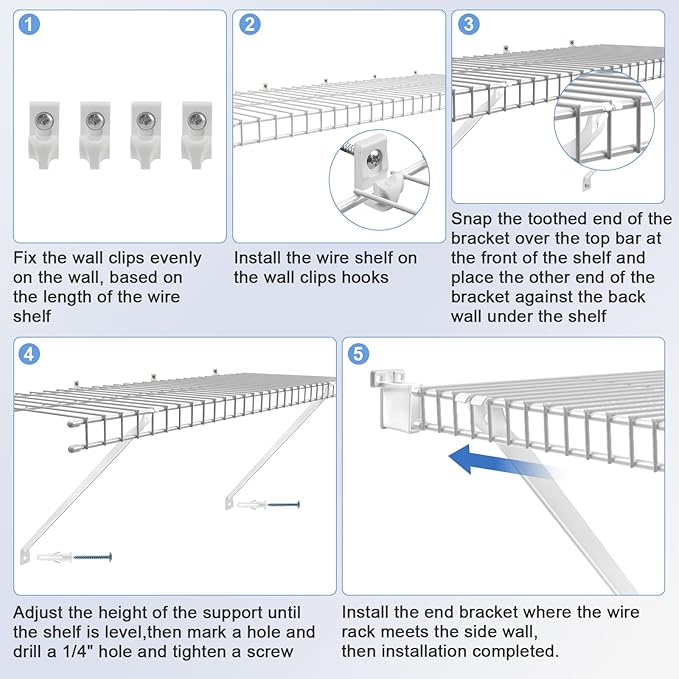 12 Inch Wire Shelf Brackets Set, 4 Pack Metal White Closet Support Bracket with End Brackets & Clips for Wire Shelving Wall Bracket Installation, Support Wire Closet Shelves Racks(4 Pack)