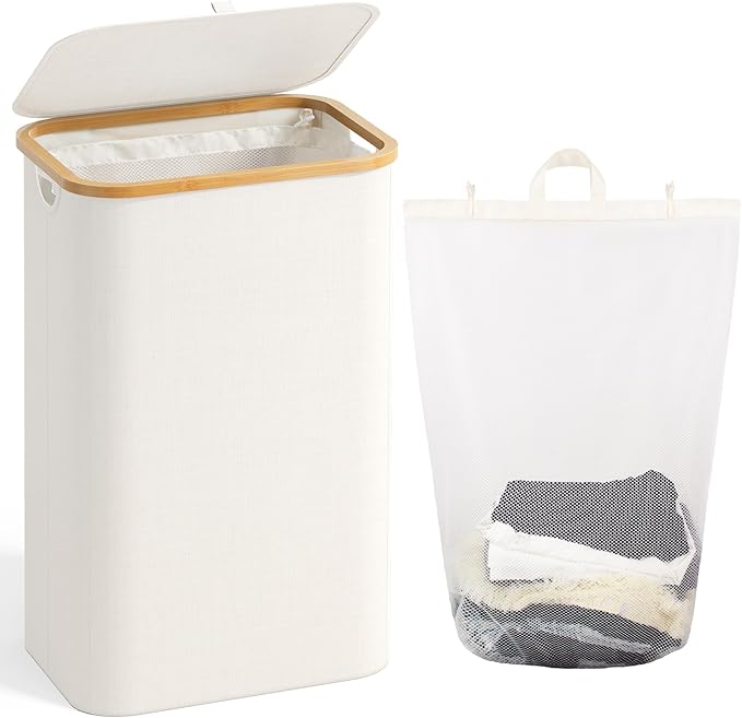 100L Laundry Hamper with Lid, Large Laundry Basket with Bamboo Handles, Clothes Hampers for Laundry with Removable Bag, Dirty Clothes Hampers for Bedroom Aesthetic, Beige