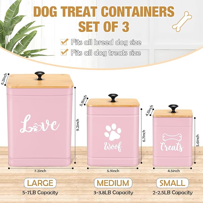 Metal Dog Treat Containers Set of 3 with Bamboo Lids and Spoon Airtight 7+3+2 lbs Dog Food Snack Jars with DIY Labels Big Pet Cookie Storage Jar for Kitchen Counter (Pink,Funny)