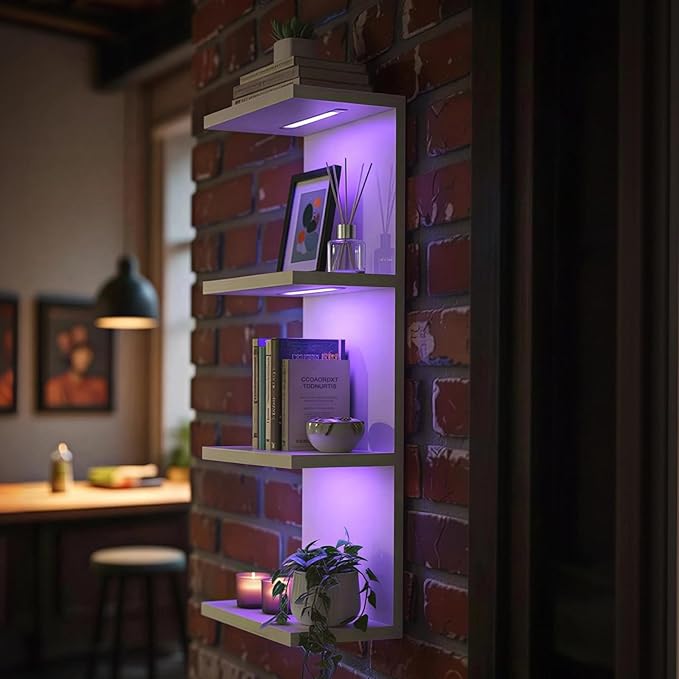 4 Tier RGB Wall Shelf-Gaming Shelf with Remote Control, Lack Shelves with Light for Bedroom | Easy to Install Cosmetic & Display Modern Shelf, White