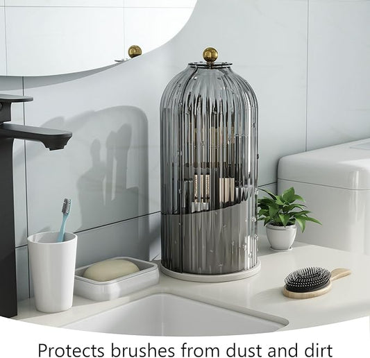 Makeup Brush Holder with Dustproof Cover 360 Rotating Makeup Brush Organizer for Vanity Bathroom, Grey