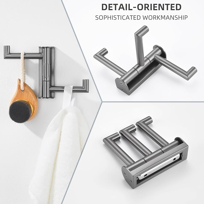 Angle Simple 3 Arms Towel Hook for Bathroom, SUS304 Stainless Steel Swivel Robe Coat Hook Wall Mounted, Foldable Towel Holder, Gunmetal Gray