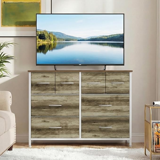 DUMOS TV Stand, Dresser with 8 Fabric Drawers, Spacious Storage Tower for Closet, TV Stand with Wood Top and Mental Frame, Storage Unit for Living Rooms, Bedroom and Entryway, Oak