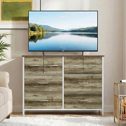 DUMOS TV Stand, Dresser with 8 Fabric Drawers, Spacious Storage Tower for Closet, TV Stand with Wood Top and Mental Frame, Storage Unit for Living Rooms, Bedroom and Entryway, Oak