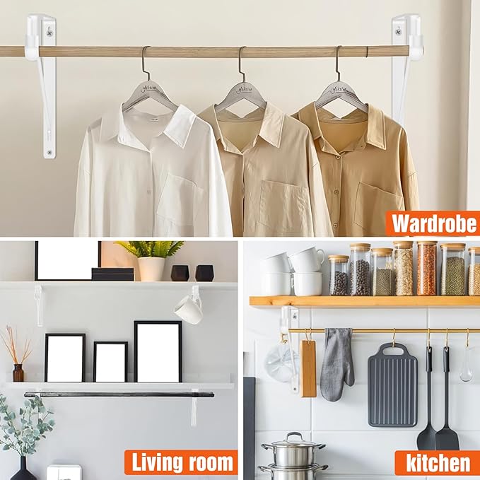Pisman Closet Rod Bracket Heavy Duty,Shelf Bracket with Rod Holder- White Closet Rod Support & Closet Shelf and Rod Bracket for Storage, 10 Inch 4pcs