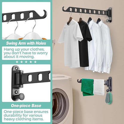Wall Mounted Clothes Hanger with Swing Arm - 8-Hole Laundry Drying Rack | 180° Rotation & Space Saving for Laundry Room, Closet | Sturdy Hanging Bar | Solid Aluminium(2-Pack, Black)