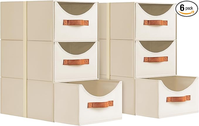Stackable Storage Drawers - Collapsible Storage Bins with Drawers, 6 Pack Closet Shelf Organizer Basket, Fabric Pull Out Organizer for Bedroom, Living Room, Dorm, Beige