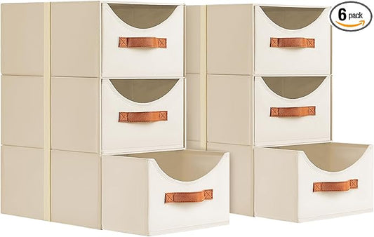 Stackable Storage Drawers - Collapsible Storage Bins with Drawers, 6 Pack Closet Shelf Organizer Basket, Fabric Pull Out Organizer for Bedroom, Living Room, Dorm, Beige