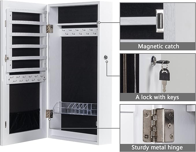 LAVIEVERT Lockable Jewelry Cabinet Armoire with Frameless Mirror, Wall/Door Mounted Space Saving Jewelry Display Organizer with Lipstick Compartments - White