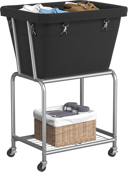 ELYKEN Rolling Laundry Hamper with Wheels, Laundry Cart with Removable Bag, Heavy Duty Metal Frame, 2-Tier Clothes Basket Hamper with Shelf for Closet, Bedroom, Bathroom, Laundry Room, Black