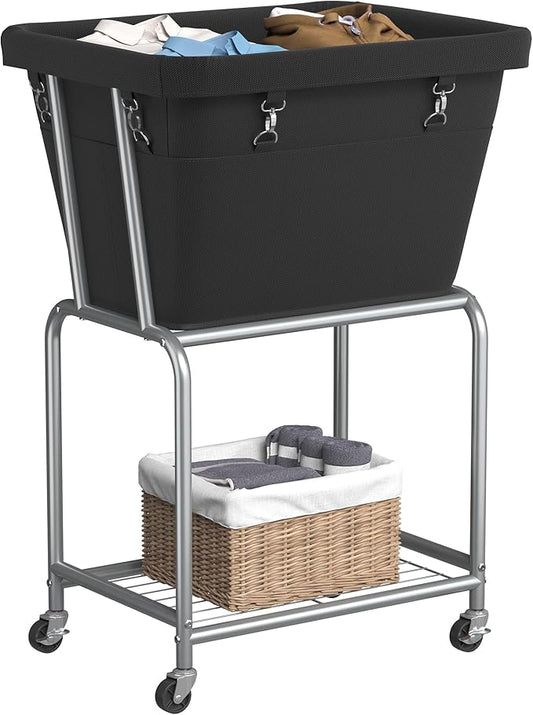 ELYKEN Rolling Laundry Hamper with Wheels, Laundry Cart with Removable Bag, Heavy Duty Metal Frame, 2-Tier Clothes Basket Hamper with Shelf for Closet, Bedroom, Bathroom, Laundry Room, Black