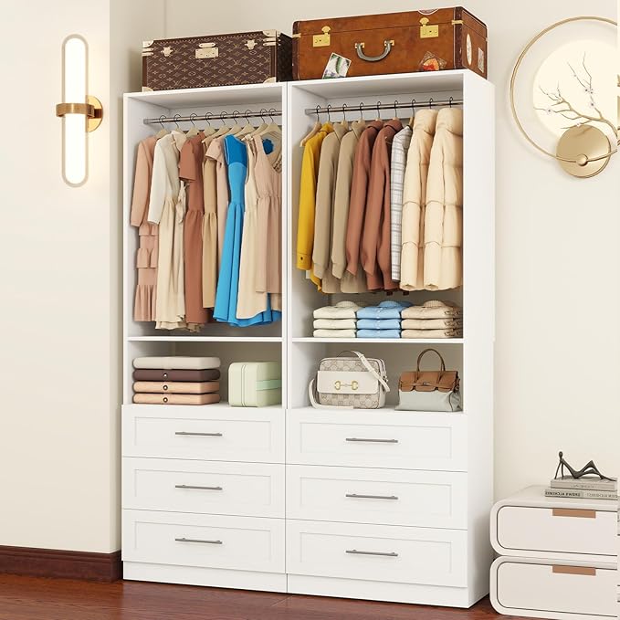Closet System with Drawers, 4FT Closet Organizer System Wood Walk-in Closet Shelf Corner Small Closets Storage System with Hanging Rods Modular White (4FT)