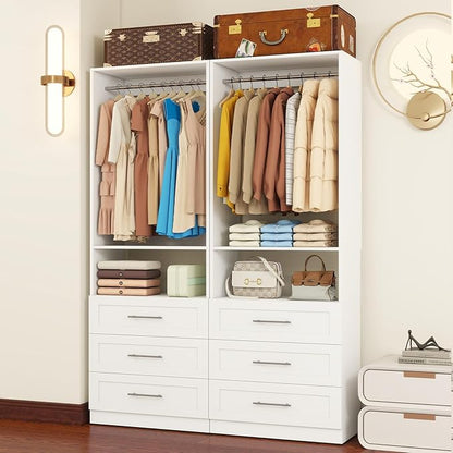 Closet System with Drawers, 4FT Closet Organizer System Wood Walk-in Closet Shelf Corner Small Closets Storage System with Hanging Rods Modular White (4FT)