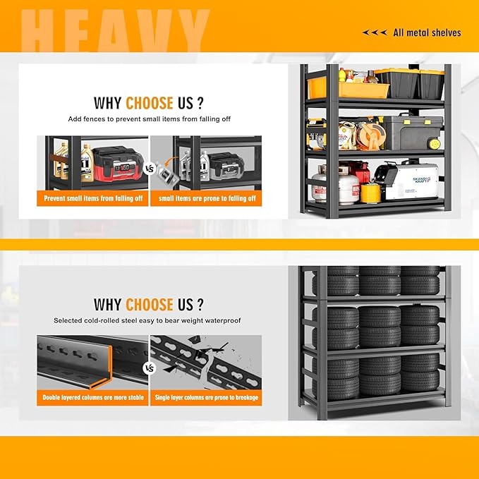 Metal Garage Shelving Unit,Heavy Duty 4-Tier Adjustable Storage Shelves,3000 lbs Capacity,Industrial Shelves for Heavy Tools and Equipment,for Garage,Basement