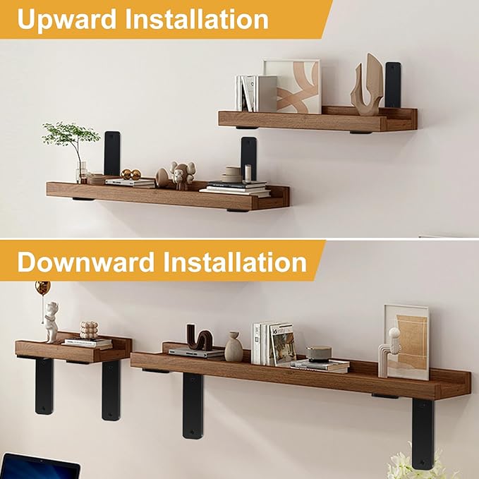 6 Pack - L 16" x H 8" x W1.5, 5mm Thick Black L Shelf Bracket, Iron Shelf Brackets, Metal Shelf Brackets, Floating Shelf, Shelf Supports with Screws
