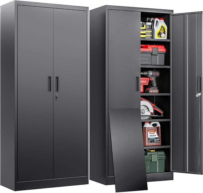 BESFUR Metal Garage Storage Cabinet with Locking Doors and 5 Adjustable Shelves, Black Tall Storage Cabinets, Tool File Lockable Cabinet for Garage Office Warehouse Shop(71”H)