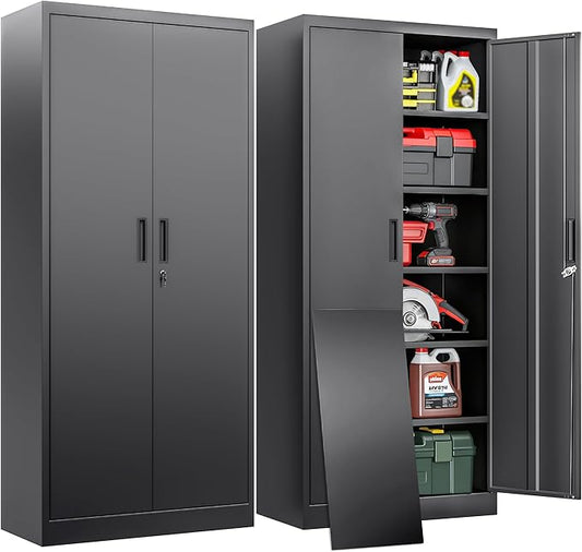BESFUR Metal Garage Storage Cabinet with Locking Doors and 5 Adjustable Shelves, Black Tall Storage Cabinets, Tool File Lockable Cabinet for Garage Office Warehouse Shop(71”H)