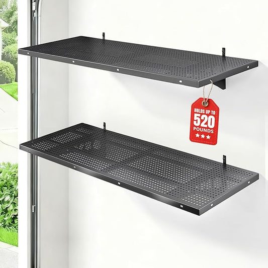 2-Pack 1.5x4ft Heavy Duty Garage Shelving Wall Mounted, 520 Pounds Total Load Capacity, Garage Shelves with Hooks, Black