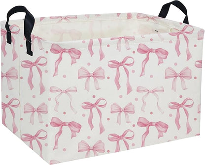 Kids Basket Pink Baskets Girls Basket Rectangular Cute Storage Bin for Room Decor(Pink bownot)