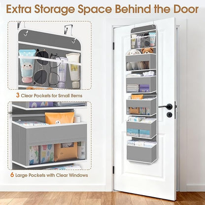 WISELIFE 6-Tier Over The Door Organizer Storage Detachable Design Door Hanging Storage Organizer with Clear Window Behind The Door Storage for Nursery Bedroom Bathroom Pantry Closet Grey