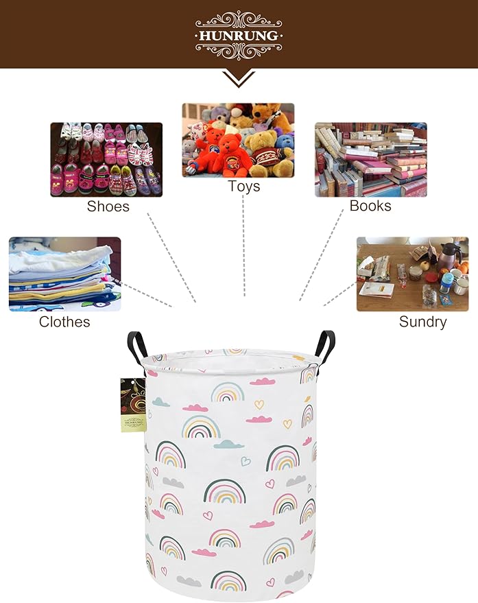 HUNRUNG Laundry Hamper,Large Canvas Fabric Lightweight Storage Basket Toy Organizer Dirty Clothes Collapsible Waterproof for College Dorms（Round-Rainbow）
