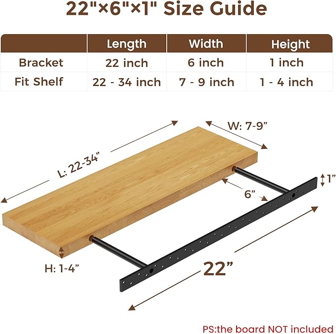 2pcs Floating Shelf Bracket Heavy Duty Floating Mantel Bracket Black Metal Decorative Floating Shelf Hardware Hidden Shelving Mounting Brackets (22″X6″X1″)