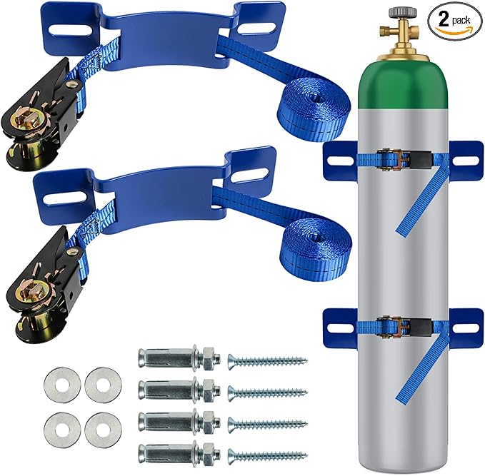 2PCS Propane Tank Bracket Cylinder Wall Mounted Brackets, with 6.6ft Ratchet Straps, Steel Gas Cylinder Holder, Heavy Duty Nitrogen Tank Holder (Blue)