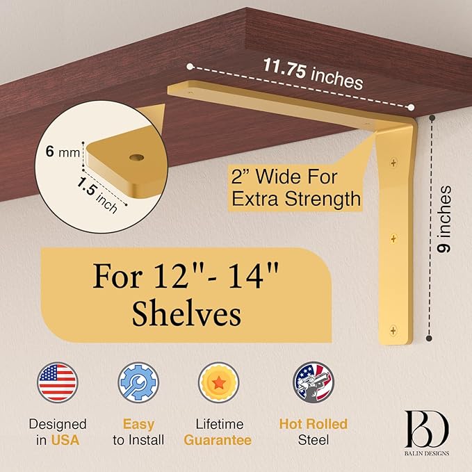 4 Pack Heavy Duty Brass Shelf Brackets 12 Inch by Balin Designs – Decorative L Bracket for Shelves, Metal Shelf Support Bracket, Wall Mounted Countertop Iron Corbels, Floating Gold Shelving Brackets