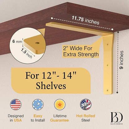 4 Pack Heavy Duty Brass Shelf Brackets 12 Inch by Balin Designs – Decorative L Bracket for Shelves, Metal Shelf Support Bracket, Wall Mounted Countertop Iron Corbels, Floating Gold Shelving Brackets
