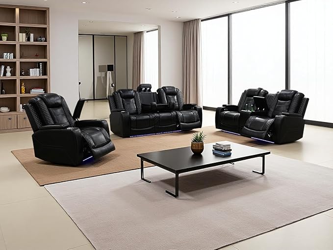 Living Room Furniture Sets, Black Leather Power Reclining Sofa Set, Power Sofa Loveseat and Chair with 5 Recliner Seats/Storage Console/Cup Holder/LED Light/USB Port for Living Room