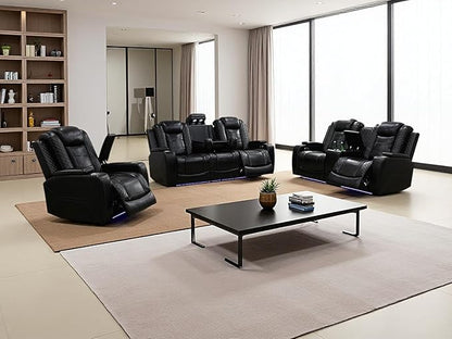 Living Room Furniture Sets, Black Leather Power Reclining Sofa Set, Power Sofa Loveseat and Chair with 5 Recliner Seats/Storage Console/Cup Holder/LED Light/USB Port for Living Room