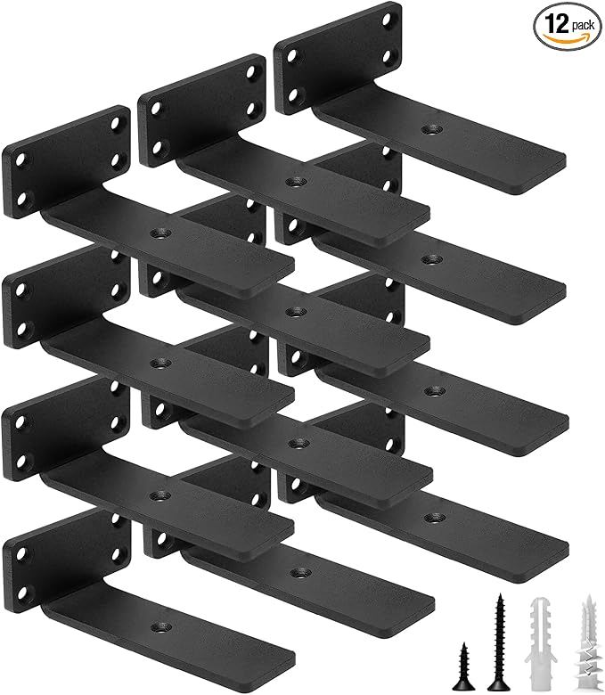 HITOMEN Heavy Duty Floating Shelf Brackets, 5-Inch (1/5'' Thick) Hidden Shelves Hardware, Iron L Brackets, Rustic Industrial Black Metal Wall Shelving Supports, 12 Pack