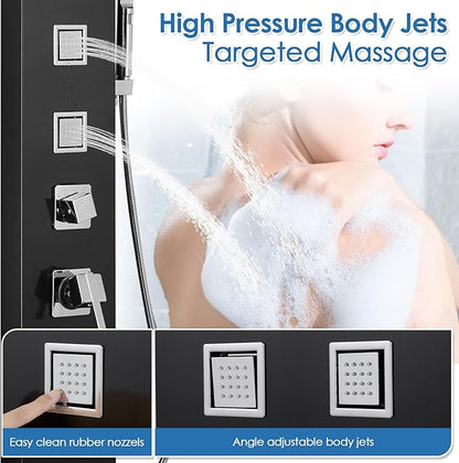 ROVOGO Shower Panel Tower System with LED Lights - No Battery Needed, Shower Column with Rainfall Waterfall Shower, Body Jets, Handheld Shower, Tub Spout and Temp Display, Black