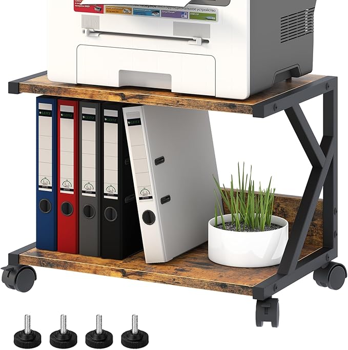 aboxoo Desktop Printer Stand with 2 Tier Wood Storage Shelves,Under Desk Printer Table,Multi-Purpose Home Office Desk Organizer for Fax Machine, Scanner (Rustic Brown)