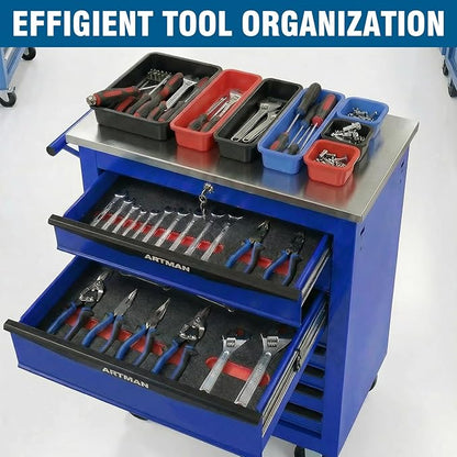 7-Drawer Rolling Tool Chest with Stainless Steel Countertop,Tool Chest with Secure Locking System,Mobile Storage Tool Cabinet with 360°Wheels and Padded Feet,for Home,Garage (Blue)