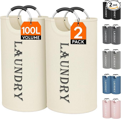 Lifewit 100L 2-Pack Large Laundry Basket, Collapsible Laundry Hamper with Aluminum Handles, Waterproof Freestanding Dirty Clothes Hampers for Laundry Room Bedroom Dorm Bathroom, White