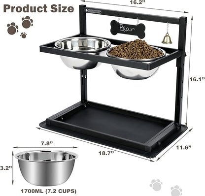 SHAINFUN Elevated Dog Bowls - Slow Feeder, Raised Stand with Two 1700ML Stainless Steel Bowls, Spill Proof Mat for Large & Medium Dogs
