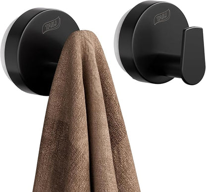 TAILI 304 Stainless Steel Bathroom Suction Hooks for Towel, Bathrobe, Loofah, Patented Strong Suction Cup Holder, No Damage Hanging Glass Shower Wall Hook, Retro High-Rise Design, 2 Pack, Black