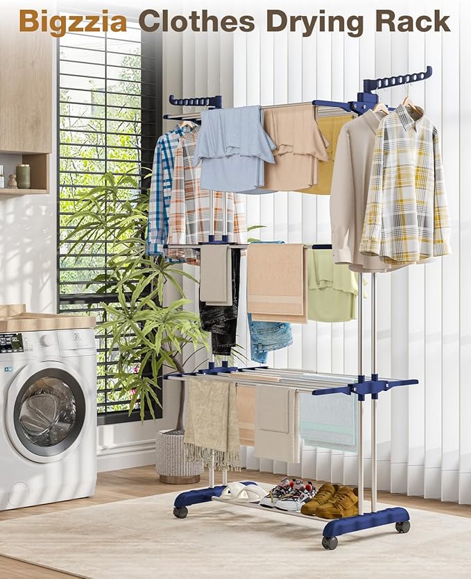 Bigzzia Clothes Drying Rack, 67.7 Inch Laundry Drying Rack with Foldable Base, 4 Tier Stainless Steel Drying Rack Clothing, Movable Laundry Rack for Indoor Outdoor-Blue