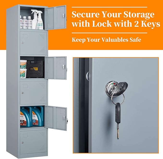 Metal Locker with 6 Doors, 71" Lockers for Employees Steel Storage Locker, Lockable Locker Cabinet for School, Gym, Home Office and Garage（Grey）