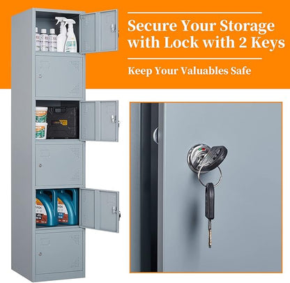 Metal Locker with 6 Doors, 71" Lockers for Employees Steel Storage Locker, Lockable Locker Cabinet for School, Gym, Home Office and Garage（Grey）