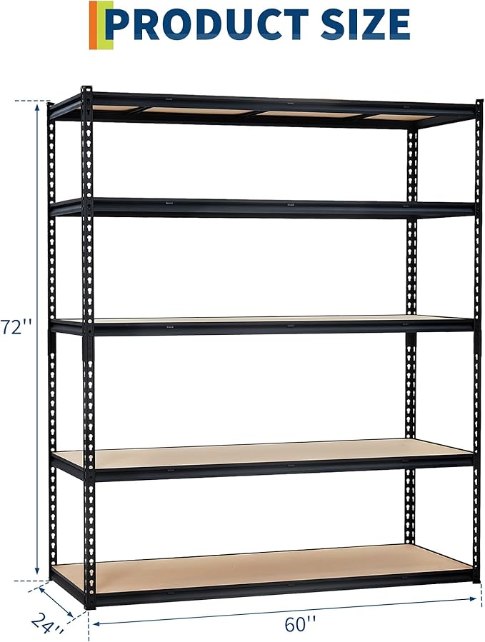 Garage Storage Shelves 5 Tiers, Heavy Duty Storage Shelving Racks with 3000 LBS Capacity, 60 " L x 24 in W x 72 in H Metal Adjustable Shelving Unit for Kitchen Pantry Basement Bathroom Laundry