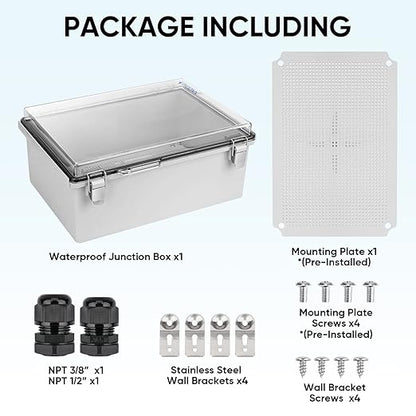 TICONN Outdoor Electrical Box Waterproof, Junction Box IP67 ABS Plastic Enclosure with Hinged Cover with Mounting Plate, Wall Brackets, Cable Glands (Clear, 13.8"x9.8"x5.9")