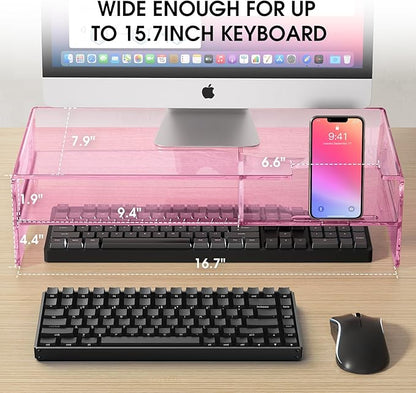 Pink Acrylic Monitor Stand Riser, 2-Tier computer stand with Storage, clear monitor stand for desk Suitable for laptops, printers, TV，desk organization With phone holder