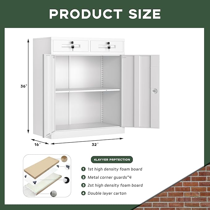 Greenvelly Metal Storage Cabinet, 36" H Metal Locking Storage Cabinet with 2 Drawers and Adjustable Shelf, Lockable Garage Storage Cabinets for Office, Garage, Home (White)