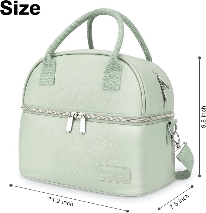 BALORAY Lunch Bag for Women Men, Double Deck Lunch Box for Adults, PU Leather Lunch Tote Bag Insulated Lunch Bags with Strap for Work Office Picnic(Green with strap)